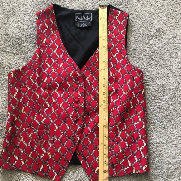 VINTAGE Nicole Miller Silk Vest Flip Phones Red Medium Y2K 1990s Graphic Lined - Picture 7 of 8